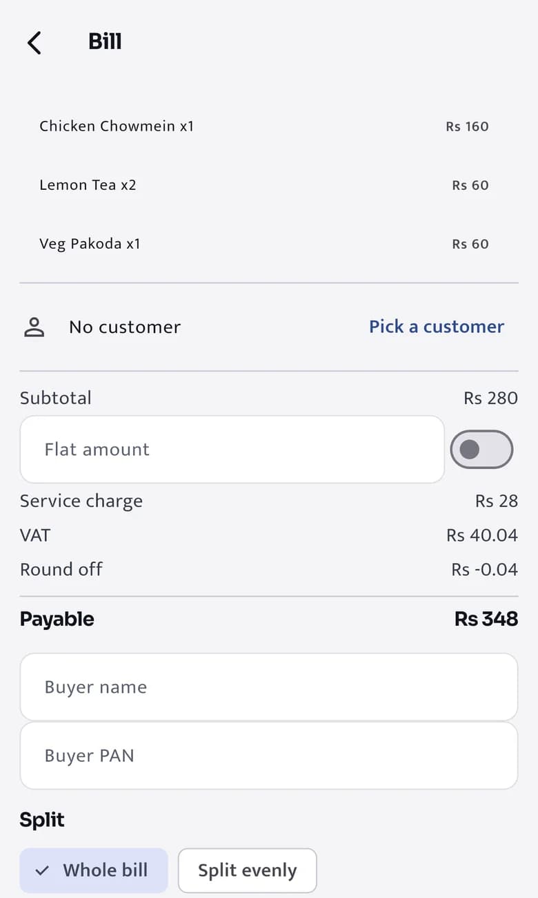A bill: subtotal Rs 280, service charge Rs 28, VAT Rs 40.04, payable Rs 348, with buyer name and PAN fields