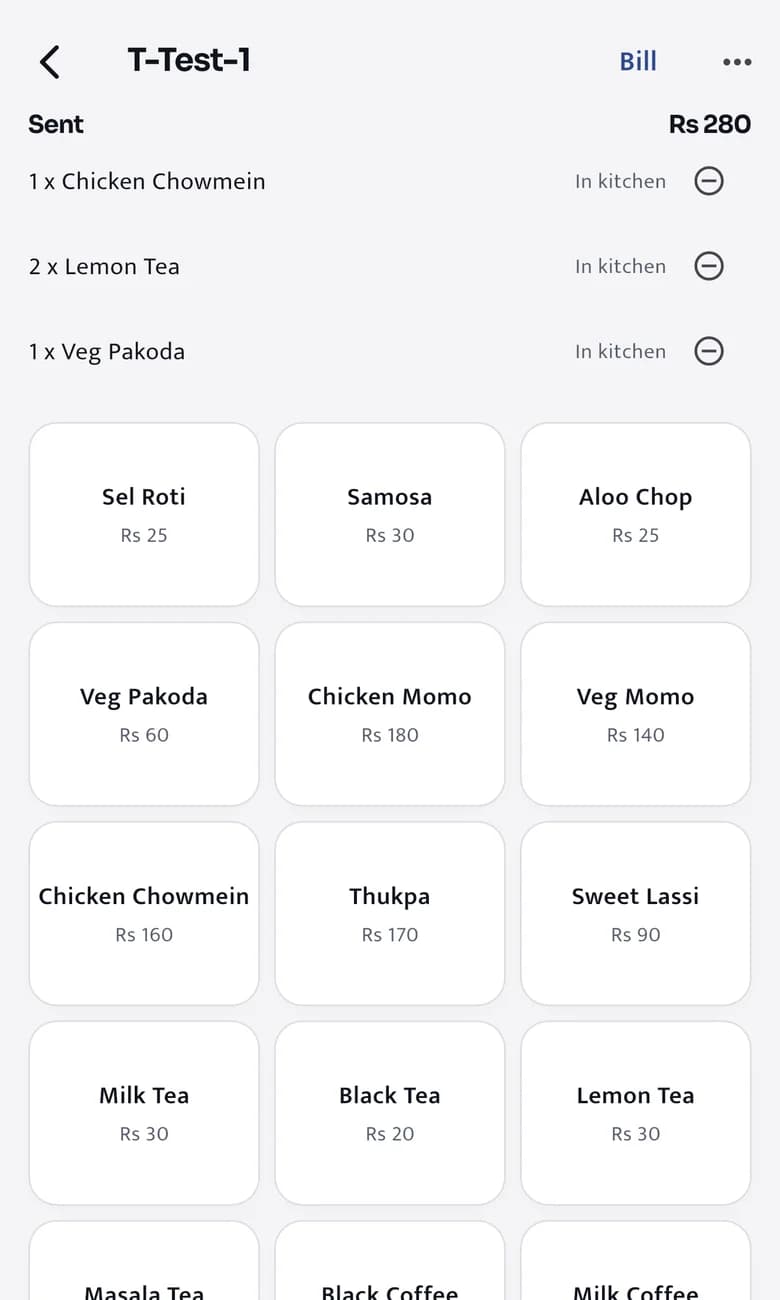 An order for a table: chowmein, lemon tea and pakoda sent to the kitchen, above menu tiles from sel roti to milk coffee