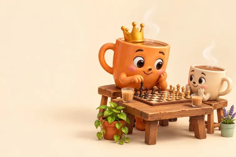 Two Chiya Connect mug characters playing chess at a tea shop bench